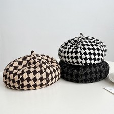 Winter Vintage Houndstooth Hat Elegant French Beret Artist Cap for Women Girl