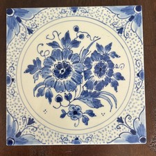 VTG 1968 Royal Delft Blue White Flower 6-1/4 Tile Hand Painted Holland Signed