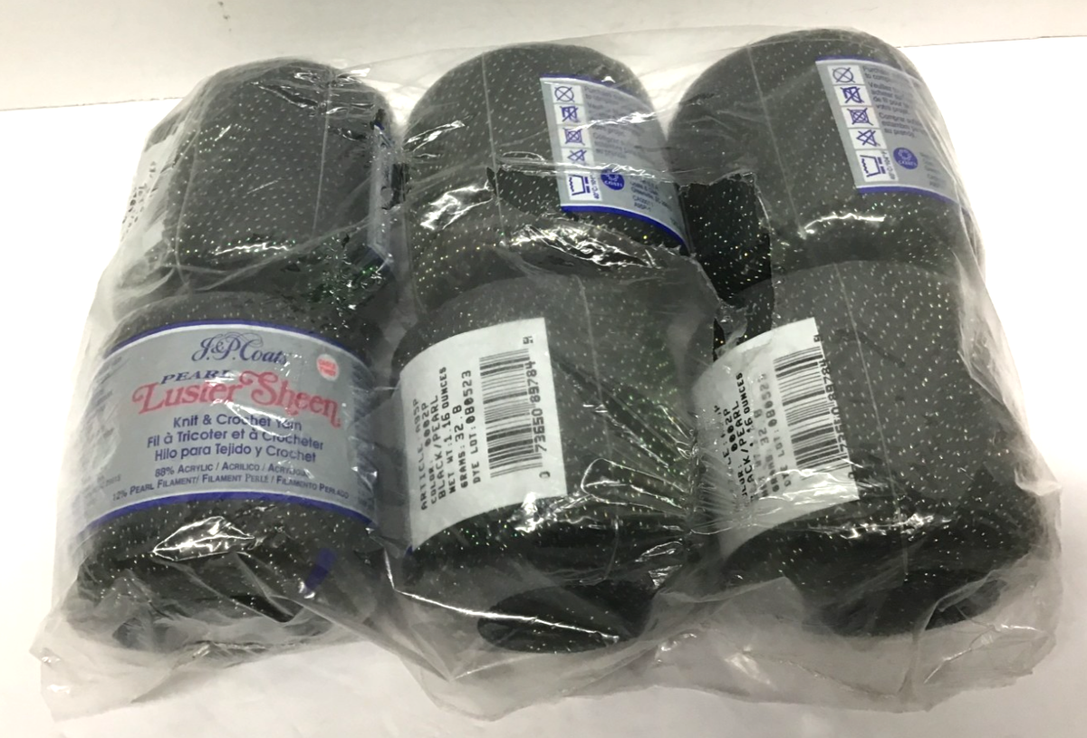 JP Coats Pearl Luster Sheen Knit Crochet Yarn Black 0B0523 Lot of