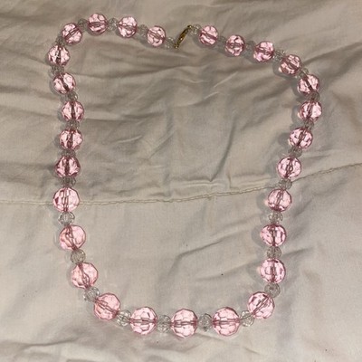 Vtg Pink & White Lucite Bead Necklace