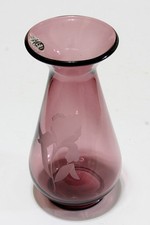Fenton Etched Iris Flower Vase Amethyst Marked Art Glass 7 1/2 Vintage