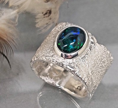 Goldschmiedering Unisex RG 65 dunkler Opal rough handmade 925 Silber - Kiodesign