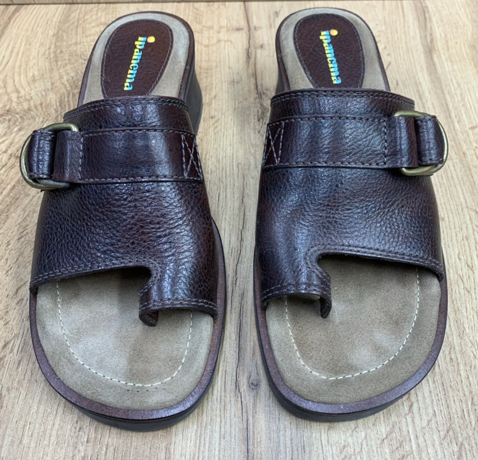 Sandalias Ipanema De Colección Tacón Grueso Deslizables Punta Lazo Hebilla Cuero Marrón Y2K Boho 9M Foto 4 de 4