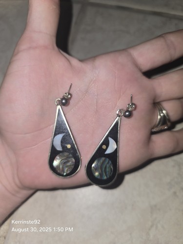 Vintage Alpaca Mexico Crescent Moon Full Moon Abalone Dangle Earrings - Picture 8 of 8