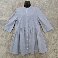Madewell Stripe Shirt Dress Large Blue White Band Collar Tiered Babydoll