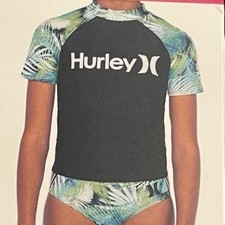 Hurley Girls Rash Guard Swim Set Size 14/16 Large Tropical UPF 50 Black Green
