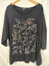Greater Good 3/4 Sleeve Tunic Women's 3XL Black Embroidered Tropical Birds Fun