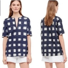 Tory Burch V-neck Antibes Tunic Top Blouse Shirt Cotton Poplin UK 14 Navy Check