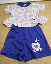 Vintage Baby Girl 2 Piece Outfit Patchwork Hearts Ruffle Top  Purple Shorts Set