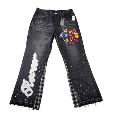 Reveer Jeans Mens 40 Washed Black Patchwork Rhinestone Plaid Wide Leg Denim New