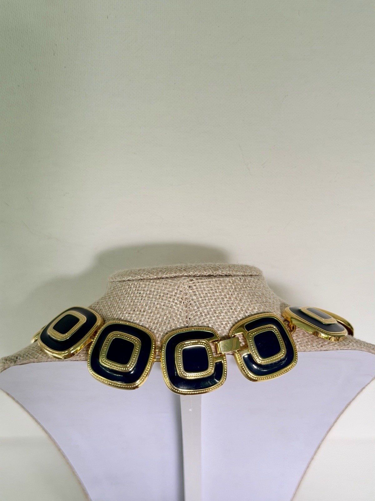 Vintage Gold Tone Navy Blue Enamel Geometric Statement Necklace Choker Collar