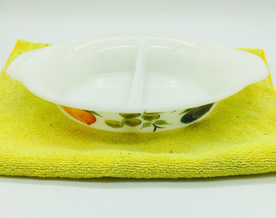 Anchor Hocking Fire King Divided Vegetable Dish Fruit Pattern white Milk Glass