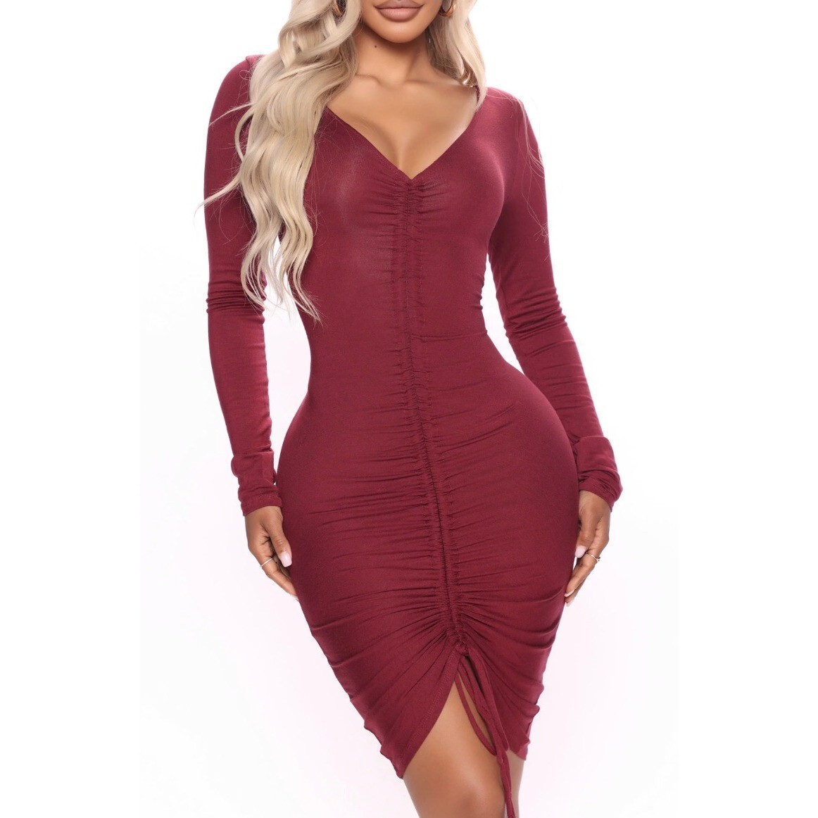 Fashion Nova Ruched V Neck Cocktail Bodycon Mini Dress Wine Color Size M