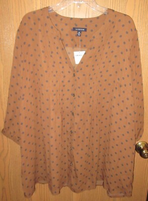 LANDS' END TOFFEE DK NAV dots poly dressy V neck button up 3/4 slv blouse top 2X