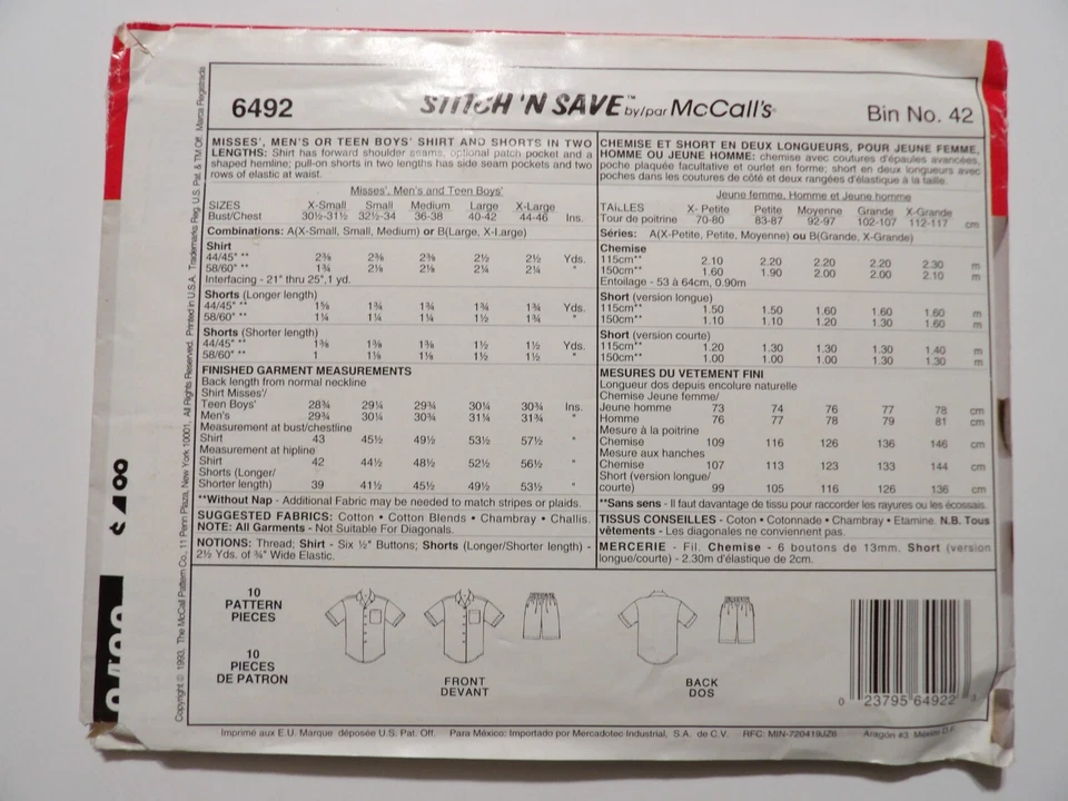 McCall's Easy Stitch 'n Save 6492 Misses, Men, Teen Boys' Shirt & Shorts L, XL - Image 3 of 3