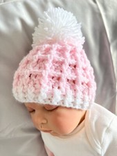 Brand New hand made crochet baby hat, pink and white with pom pom for 0-3 months
