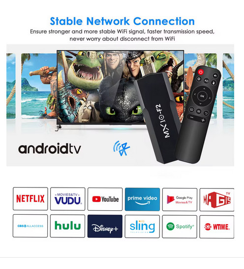 Passerelle TV Android 4K MX10 F2 Décodeur Streaming Fluide 8Go - 4