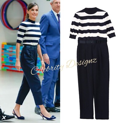 Queen Letizia Inspired Parisian-style Striped Knitted Top & Black Suit Trousers