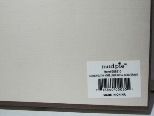 MUD PIE Coasters - Four Beige 6" Square Linen Coasters Letter “K” New In Package - Picture 4 of 6