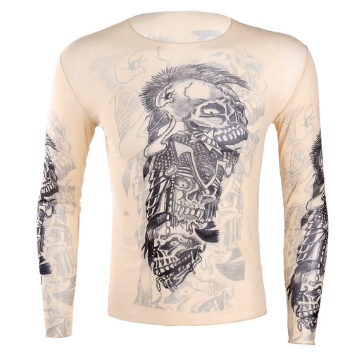 Mens Long Sleeve Mesh See Through T-shirt Fake Tattoo Blouse Shirt Party Fancy - Picture 8 of 56