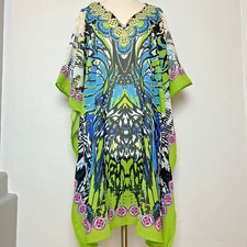 Ashley Taylor Lime Butterfly Print Sequin Tunic Beach Cover Up One Size NWT