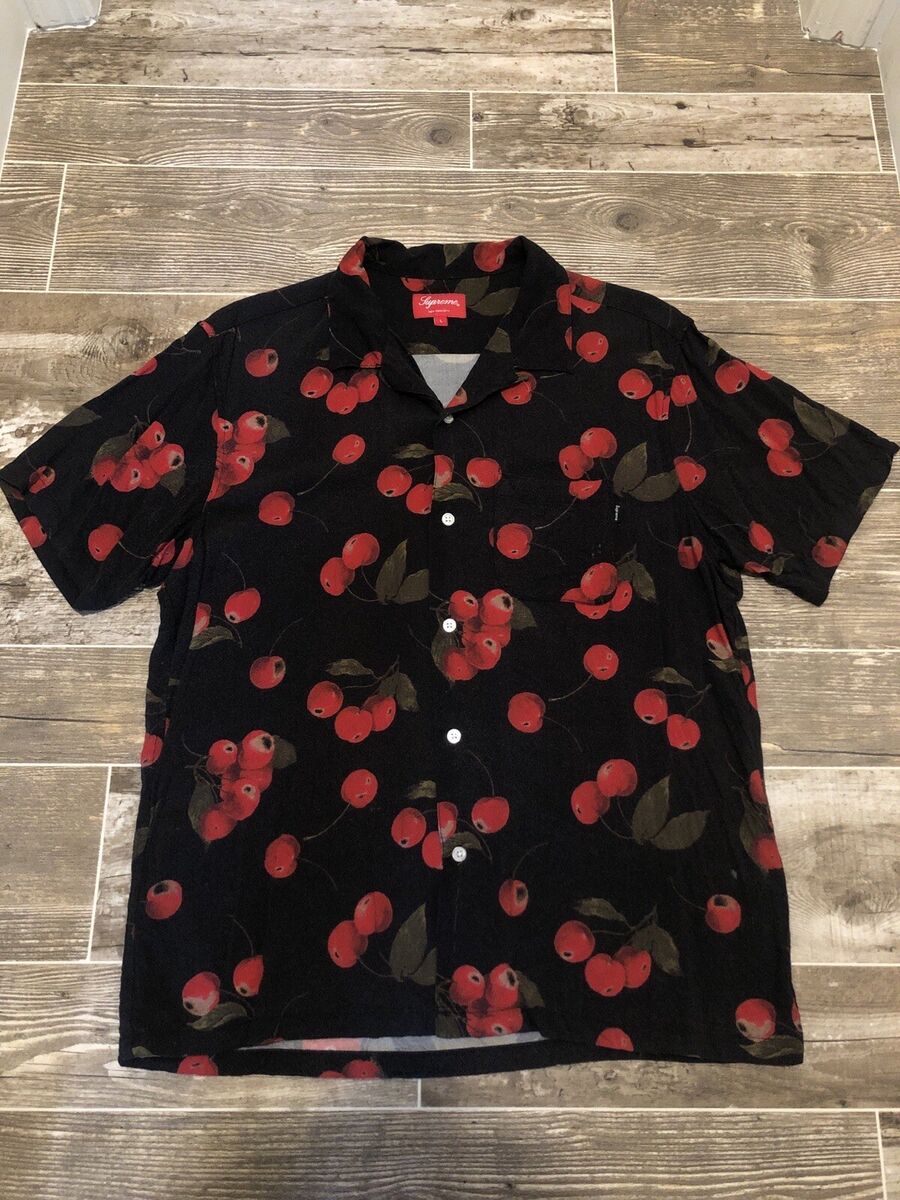 Supreme Cherry Rayon Black S/S Shirt SS19 Large Size L Button Up 