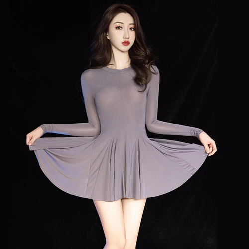 Womens Long Sleeve Shiny Bodycon with Pleated Skirt Cocktail Mini Lingerie Dress - Picture 7 of 19
