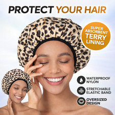Reusable Waterproof Shower Cap Leopard Print Oversized Nylon Hair Cover Terry