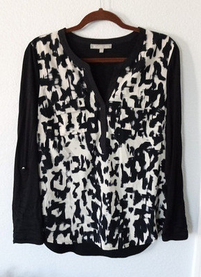 Daniel Rainn Top Women's Pullover V-Neck Long Sleeve Blouse Size L Black White