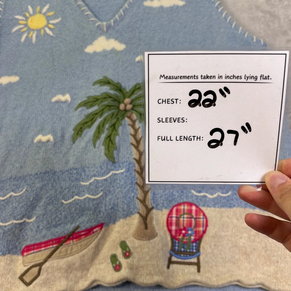 De Colección Mandal Bay Mujer Playa Suéter Chaleco Azul Tejido Palmera Barco Escena Talla XL Foto 4 de 4