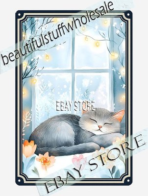 Sleeping Cat Metal Tin Sign Woodland Whimsy Scene lodge cafe in walls