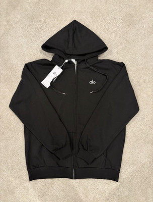 ALO Men s M Black Full Zip Hooded Cotton Knit Hoodie Sweatshirt Logo