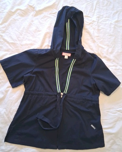 Koi by Kathy Peterson Scrub Top Jacket Large Navy Blue Hooded Full Zip Medical