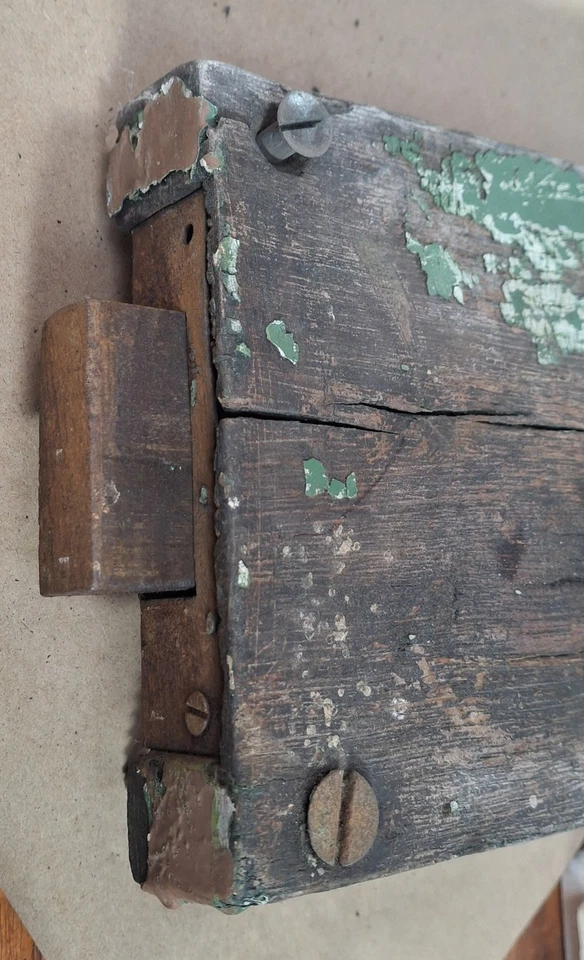 Antique Original Wooden & Metal Rim Lock with Iron Key, Green Paint, Salvage - Image 4 of 4