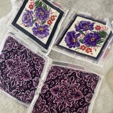 Lot of 4 Finished Needlepoint Flowers on Canvas Unframed