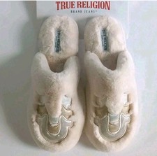 True Religion Plush Fur Cream Glitter Slippers Sandals Women Size Medium 6.5-7.5