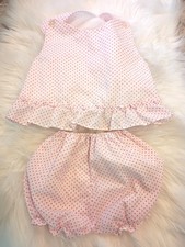 Vintage Babyfair Baby Girl Set 0-6M 1970s Pink Heart Print Ruffle Top Bloomers
