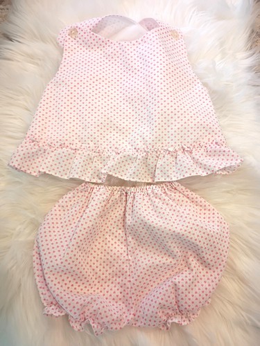 Vintage Babyfair Baby Girl Set 0-6M 1970s Pink Heart Print Ruffle Top Bloomers