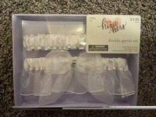 Studio His  Hers White Double Bridal Garter Set with Bow  Jewel Accent
