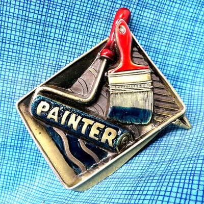 Painter Belt Buckle Enameled Brush Paint Tray Roller Vintage 80s TGABC     .A123