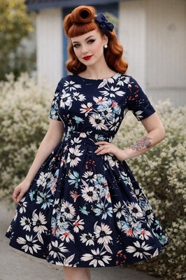 Retro Style A-line Tea Time Hostess Dress Floral Sz L Hidden Zipper & Pockets