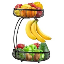  2-Tier Countertop Fruit Basket with Banana Hanger, Black 
