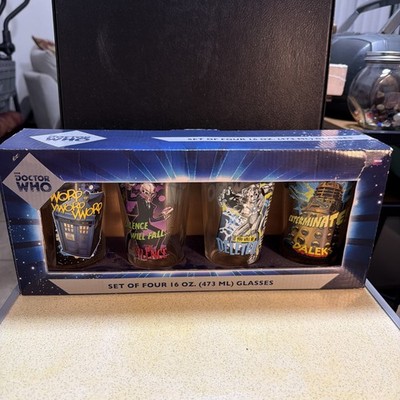Set of 4 Doctor Who Drinking Glasses: Silence, Cybermen, Daleks and Tardis 16oz