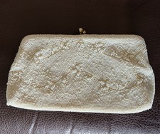 Vintage 50s Beaded Evening Purse Bag Clutch White Seed Pearls Hand Made in Japan