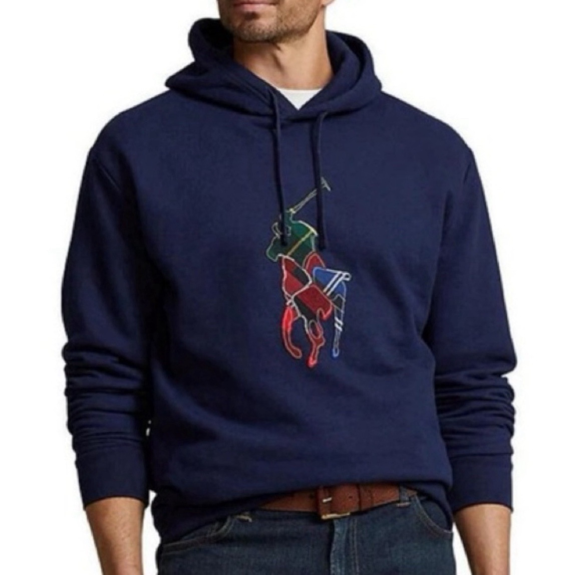Polo Ralph Lauren Uomo 4XBig & Tall Madras Big Pony Navy Felpa con Cappuccio Pile Nuova