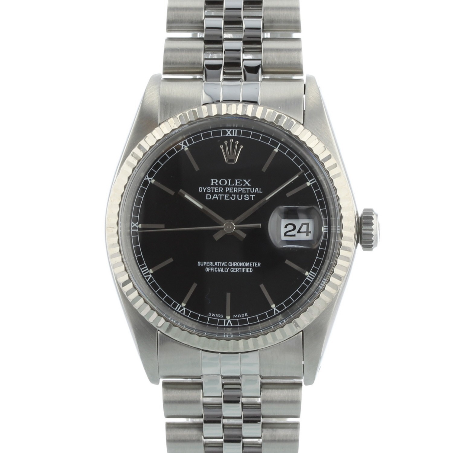 Rolex Datejust 36 mm 16014 Black Stick Dial Steel Jubilee Fluted 1985 Watch