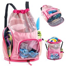 Mesh Drawstring Backpack with Shoe Compartment, Sandproof Beach Swim Bag with...