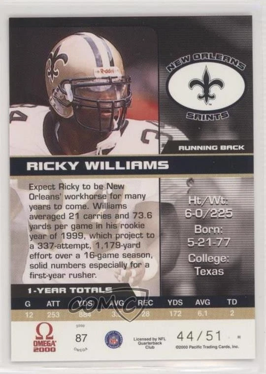 2000 Pacific Omega Platinum Blue /51 Ricky Williams #87 - Image 2 of 2