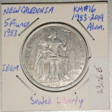 1983 New Caledonia 5 Francs IEOM Aluminium VF-EF KM#16, Liberty seated (2306E)