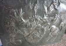 W R Betts Vintage Metal Bas Relief Wall Plaque Over Wood 1973 Heraldic Theme Art